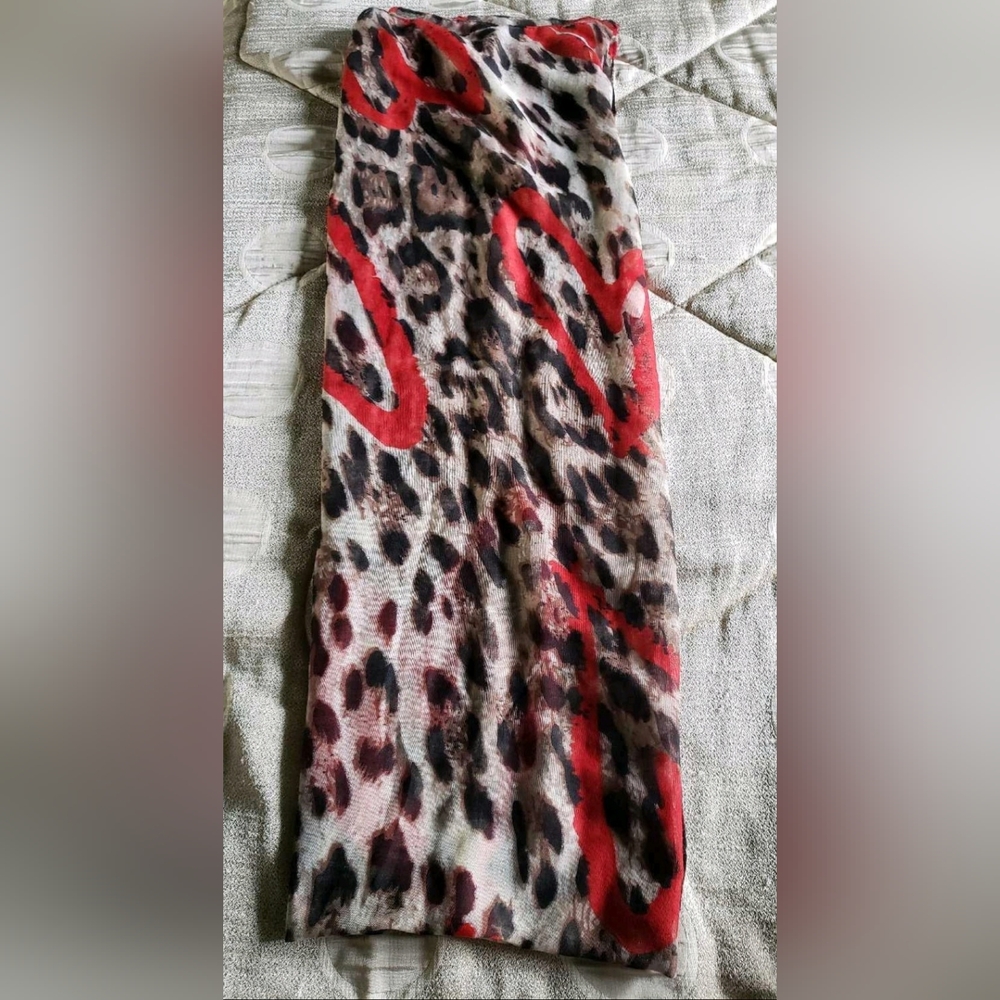 Leopard Print Scarf with Red Accents